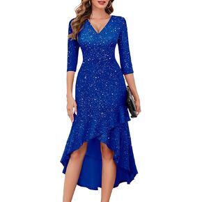BeryLove Women Formal Wedding Guest Cocktail Sequin Glitter Dress 3/4 Sleeve Midi Evening Gown Prom Party Ruffle Hi Low Dress in Kuwait