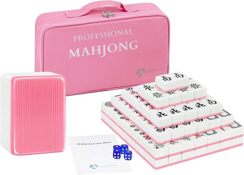 Mahjong Game Set, 144 40mm(1.57") Melamine Tiles with 4 Dices 40 Poker Chips and One Storage Bag, Complete Mahjong Tiles Set, Large, Majiang, 麻将, Pink in Kuwait