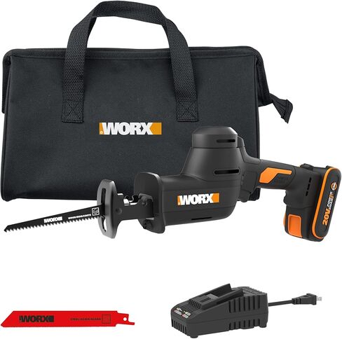 Worx 20V Compact Compact Cordless Pronslocating Saw ، طول السكتة الدماغية 1 "، محرك بدون فرش لوقت تشغيل أطول بنسبة 50 ٪ ، وتصميم خفيف الوزن للتشغيل بيد واحدة-تشمل الشاحن WX501L in Kuwait
