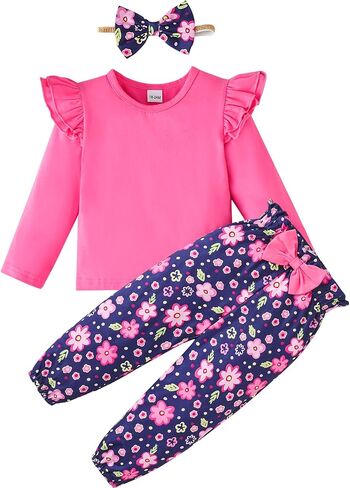 YALLET 3Pcs Toddler Girl Clothes Solid Color Long Sleeves Ruffle Top+Floral Pants+Headband 1-6 Years Fall/Winter Outfits Set in Kuwait