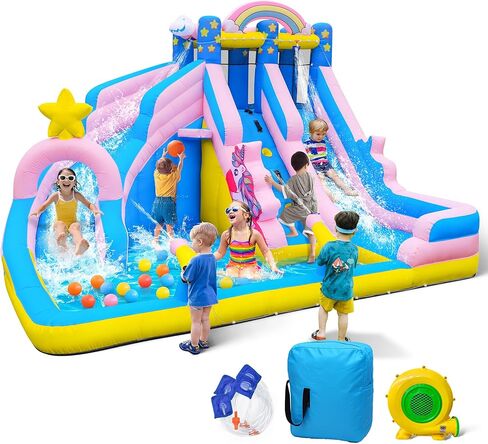 شريحة المياه القابلة للنفخ في Culaluva: 4 في 1 تنفجر ترتد على نمط الدلفين للأطفال 3-12 - حمام السباحة تسلق حائط Cannon 370W - حفلة عيد ميلاد في الهواء الطلق في الهواء الطلق in Kuwait
