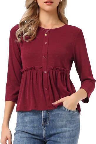 Allegra K Peplum Top for Women's Crew Neck 3/4 Sleeve Ruffle Pullover Blouses in Saudi Arabia