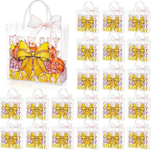 Sweetude 24 PCS Softball Party Clear PVC Gift Bag Bag Bag مع مقابض Coquette Pink Bow Ribbon Bag 7.9 × 7.9 بوصة Sport Softball موضوع الأكياس الإمدادات لكميات عيد الميلاد للوجبات الخفيفة in Saudi Arabia