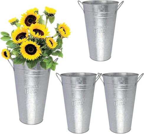 5 عبوات 10 بوصة مزهريات زهرة معدنية مجلفنة مع مقابض ، دلاء زهرة معدنية فرنسية ريفي للزهور المقطوعة ، زفاف الريف ، زينة مركزية على الطاولة (حليبي) in Kuwait