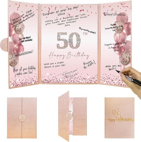 DARUNAXY Red 50th زينة حفلة عيد الميلاد، أسود أحمر سعيد عيد ميلاد 50th بديل توقيع كتاب الضيوف للرجال والنساء هتافات حتى 50 عامًا من الهدايا القديمة 50 عيد ميلاد توقيع بطاقة لوازم الحفلات in Kuwait