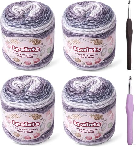 غزل Ombre للكروشيه - 4x100g ناعم 60 ٪ من القطن 30 ٪ من الغزل الصوف 10 ٪ - 962 YDS تدرج خيوط الكيك للحياكة شالات البطانيات سترة مع 2 من السنانير الكروشيه (4 ، التدرج الأرجواني) in Kuwait