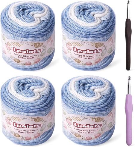 غزل Ombre للكروشيه - 4x100g ناعم 60 ٪ من القطن 30 ٪ من الغزل الصوف 10 ٪ - 962 YDS تدرج خيوط الكيك للحياكة شالات البطانيات سترة مع 2 من السنانير الكروشيه (4 ، التدرج الأرجواني) in Kuwait