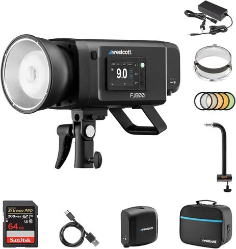 Westcott FJ800 Strobe with AC/DC Battery | 800Ws Strobe with 250+ Full Power Flashes, FJ ProMax Battery & Power Adapter, 8" Shorty Offset Extension Arm & 64GB Extreme PRO SDXC Memory Card Bundle Set in Kuwait