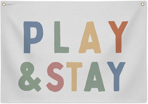 Play & Stay Linen Banner for Playroom Nursery, Neutral Wall Hanging for Baby Toddler Room Decor, Rustic Kids Room Art for Boys and Girls, 28x20in - C02 in Saudi Arabia