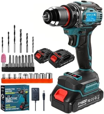 Cordless drills Set,21V Power drill,Double 2000mAh Batteries Electric Drill,Power Drill Cordless,1/2 Inch Keyless Chuck, Max torque 80Nm,3mode,25 Position and 29Pcs Accessories （blue） in Kuwait