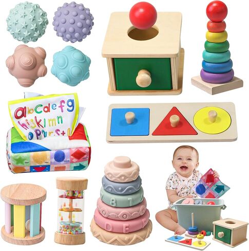 Montessori Toys for Babies 6-12 Months,1 Year Old,8 in 1 Baby Sensory Toys for 12-18 Months Toddler,Wooden Educational Development Toys with Soft Stacking Cup&Sensory Ball&Tissue Box in Kuwait