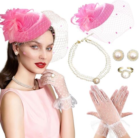 قبعة شاي شاي وردية قفازات النساء القبعات قفازات قلادة لؤلؤة قلادة قلادة لحفل زفاف طفل دش الزفاف in Kuwait