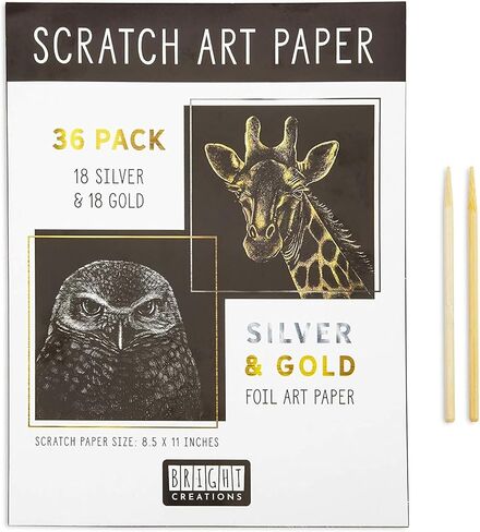 Bright Creations 36 Scratch Sheets with 2 Wooden Styluses for Art, Gold and Silver Foil (8.5 x 11 in, 38 Pieces) in Saudi Arabia