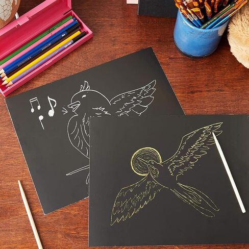 Bright Creations 36 Scratch Sheets with 2 Wooden Styluses for Art, Gold and Silver Foil (8.5 x 11 in, 38 Pieces) in Saudi Arabia