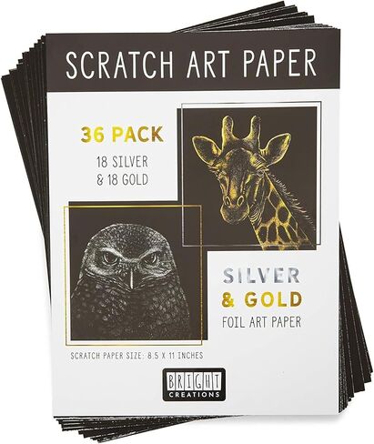 Bright Creations 36 Scratch Sheets with 2 Wooden Styluses for Art, Gold and Silver Foil (8.5 x 11 in, 38 Pieces) in Saudi Arabia
