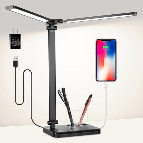 LED Desk Lamp 2600 Lumens 12W, Dual Head Table Lamp with 10W Smart Dual USB Charging Port, Adjustable &Dimmable Office Light for Home, Study, Bedroom (Black, Adapter Included) in Saudi Arabia