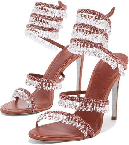 التفاف حجر الراين حول الكعب العالي من الخناقاء الضيقة للنساء ، وفتح الدانتيل الدانتيل على رأسه على الصنادل الكعب لفستان حفلة حفل زفاف in Kuwait