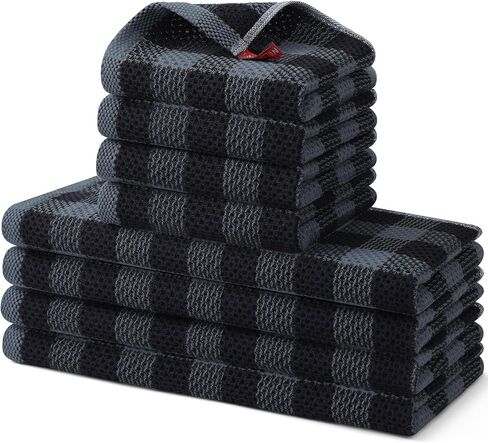 homing Buffalo Plaid Kitchen Towels and Dishcloths Set, 12" x 12" and 13" x 28", Set of 8 Bulk Cotton Waffle Weave Dish Towels, Super Soft Absorbent Hand Towels for Kitchen, Black & White in Saudi Arabia