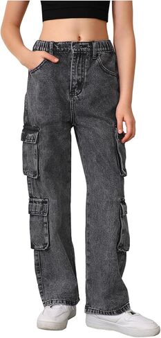 Oyoangle Girl's Cargo Jeans مرنة الخصر رفرف جيب الساق المستقيمة سروال y2k denim in Saudi Arabia