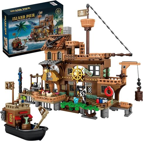 RiceBlock Pirate Town House Building Sets, Pirate Wharf Supply Center Building Blocks Toys for Kids, 868 Pieces in Kuwait