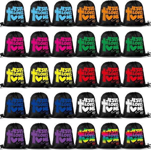 30 Pcs Jesus Loves Me Drawstring Backpack Bulk Religious Christian Gift Bags Bible Verse Cross Goodie Candy Treat String Bags for Church Party Favors Decoration Supplies in Kuwait