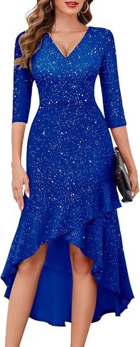 BeryLove Women Formal Wedding Guest Cocktail Sequin Glitter Dress 3/4 Sleeve Midi Evening Gown Prom Party Ruffle Hi Low Dress in Kuwait