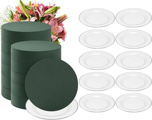 Threlaco 6 Sets Round Floral Foam and Clear Plastic Saucer Plant Drip Tray Floral Flower Dish Green Foam for Artificial Flowers Wedding Home Party Decoration in Saudi Arabia