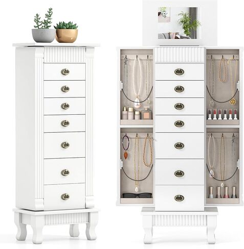 Giantex Standing Jewelry Armoire Cabinet Storage Chest with 7 Drawers, 2 Side Doors, 12 Necklace Hooks, Makeup Mirror and Top Divided Storage Organizer, Large Standing Jewelry Armoire in Saudi Arabia