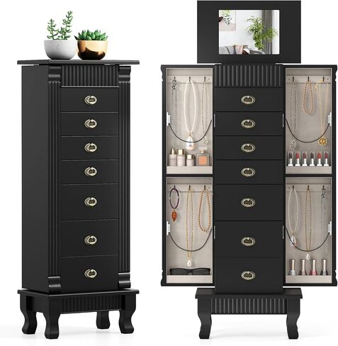 Giantex Standing Jewelry Armoire Cabinet Storage Chest with 7 Drawers, 2 Side Doors, 12 Necklace Hooks, Makeup Mirror and Top Divided Storage Organizer, Large Standing Jewelry Armoire in Saudi Arabia