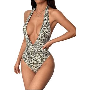 Milumia Women’s Leopard Print Deep v Dear Deck Halter Bodysuit y2k lacklesslessless slim fit top in Kuwait