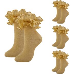Gold Gold Goldy Glittery Choled Conkle Socks ، البالغين الدانتيل المزدوج الذهبي المتلألئ الجوارب مع الكشكشة لطيف بوبي ثوب جورب للمرأة ، 4 أزواج/حجم 6-11 in Kuwait