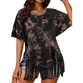 Remidoo Womens Fringe Hem Short Sleeve Round Neck T Shirt Oversized Tee Top in Kuwait