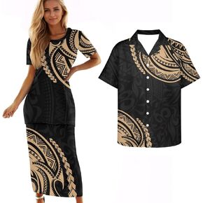 Samoa Couple Outfit Polynesian Dress for Women Traditional Puletasi Shirts for Men Beach Lava Lava Luau in Kuwait