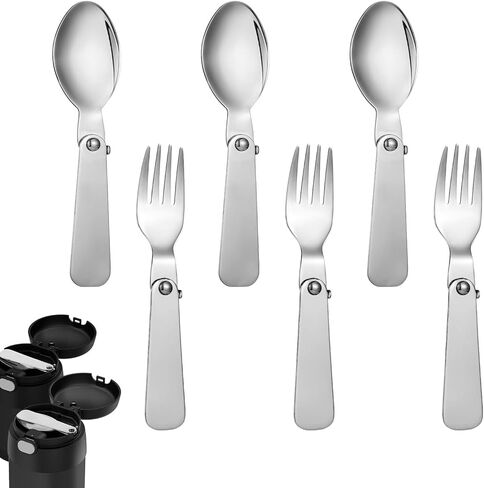 BOXOB 2pcs Folding Spoon & 2pcs Foldable Forks for Thermos Funtainer 10oz Food Jars, Portable Replacement Stainless Steel Spoons Forks for Travel Camping Picnic Outdoor Activities in Kuwait