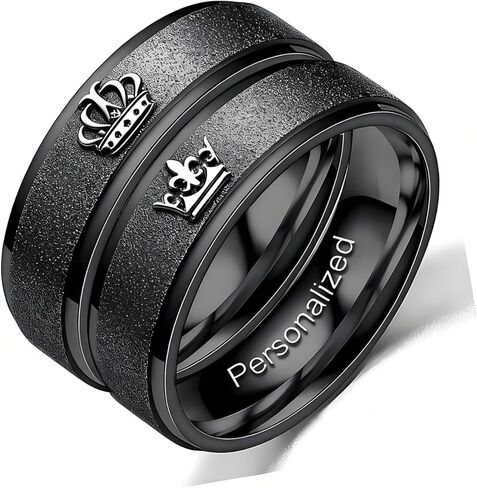 Customize Frosted Crown Couple Rings Matching Promise Ring Her King His Queen Engraved Matte Engagement Wedding Bands Anniversary Titanium Steel Black 6mm Personalized in Saudi Arabia