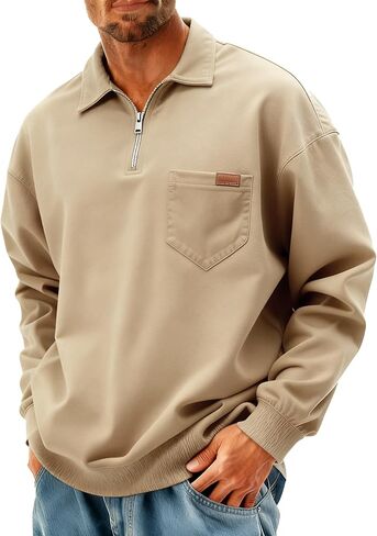Yousify Mens Casual Quarter Zip Jackets Lightweight Cotton Loose Fit Pullvoer Stylish Fall Jacket with Pocket in Saudi Arabia