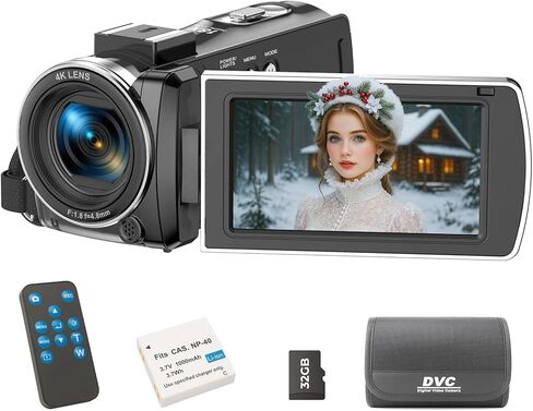 Video Camera Camcorder 4k 42MP, 18X Digital Zoom Vlogging Video Recorder for Youtubers 3"270°Rotation Screen Compact 4K Travel Camcorders with 2 Batteries, 32GB SD Card, Remote Control in Kuwait