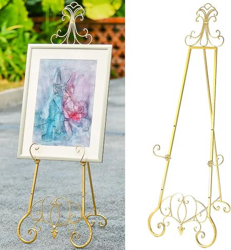 20"L x 26.75"W x 56.5"H Large Easel Stand for Display, Adjustable Heigh Metal Gold Easel Stand with Chain Support, Heavy Duty Easel for Mirror, Sign, Wedding, Picture Frame. (No Installation Required) in Saudi Arabia