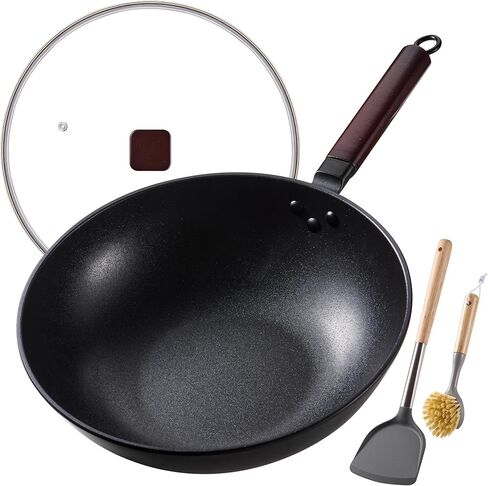 Carbon Steel Wok -13 Inch Woks & Stir-fry Pans Nonstick, Wok Pan with Lid Spatula and Dish Brush: Pre-Seasoned Flat Bottom Chinese Wok for Induction, Electric, Gas, All Stoves in Saudi Arabia