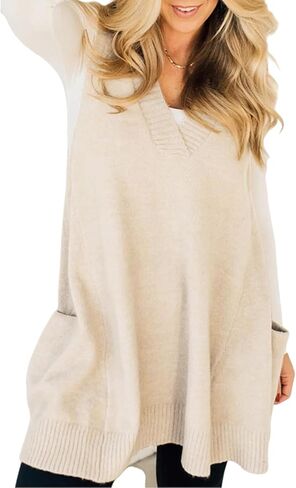 yoeasy Womens Sleeveless Sweater Vest Oversized V Neck Loose Knit Casual A Line Tunic Pullover Top with Pockets in Saudi Arabia
