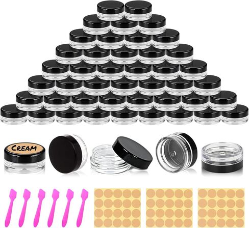 60 pcs 3 gram round clear sample containers jars mini sample blastic with lids for creads ومساحات المساحيق والتشجيع وحاويات بلسم الشفاه 3 مل مع ملصقات ملعقة in Kuwait