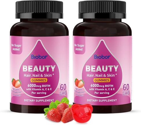 Beauty Gummies No Sugar Added, Hair Skin and Nails Gummies with Vitamins A C E, Natural 6000mcg Biotin Gummies for Women Men, GMO Free, Gluten Free (Strawberry, 60 Count) in Saudi Arabia