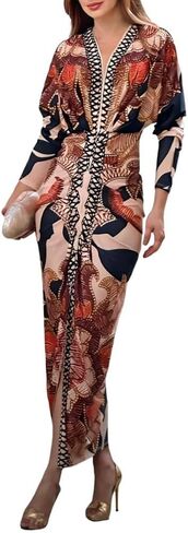 CHICME Women's Bodycon Long Sleeve Dress Casual Plunge V Neck Ruched Midi Dress Fall Bodycon Slit Office Work Dresses in Kuwait