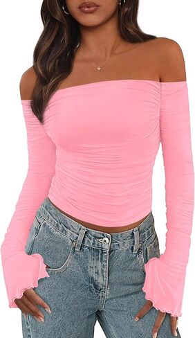 PRETTYGARDEN Womens 2025 Summer Tops Casual Off Shoulder Ruched Mesh Slim Fit Long Sleeve Shirts Going Out Summer Blouses in Saudi Arabia
