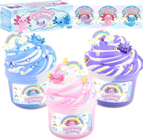3 Pack Axolotl Slime Kit, Blue Butter, Purple Cloud, Pink Crunchy Slime with Axolotl Charms, Soft, Stretchy, Slime Party Favor for Girls & Boys, Classroom Rewards, Birthday Gifts for Kids in Saudi Arabia