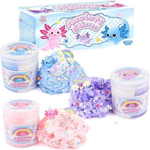 3 Pack Axolotl Slime Kit, Blue Butter, Purple Cloud, Pink Crunchy Slime with Axolotl Charms, Soft, Stretchy, Slime Party Favor for Girls & Boys, Classroom Rewards, Birthday Gifts for Kids in Saudi Arabia