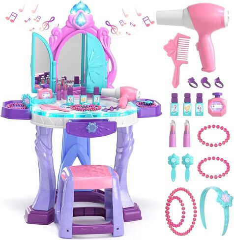 Lehoo Castle Kids Vanity Table and Chair Set with Mirror Light Music, Toddler Girls Makeup Table with Stool ＆ Hair Dryer, Pretend Play Princess Dress Up Vanity Set, Birthday Gifts for 3 Year Old Girl in Kuwait