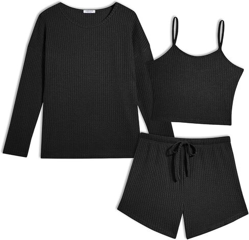 Ekouaer Waffle Lounge مجموعات قصيرة الأكمام شورتات مخططة البيجا مجموعة مطابقة وافل knit 2 قطعة مجموعات للنساء in Saudi Arabia