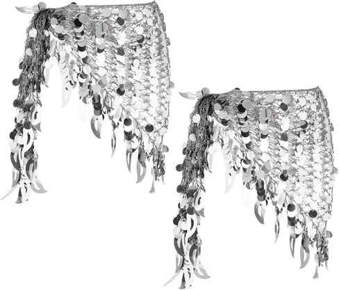 MECCANIXITY Women's Belly Dance Hip Scarf with Sequins Mesh Triangle Wrap Skirts Waist Chain for Music Festival Party Costume Performance(Gold Tone, Pack of 2) in Kuwait