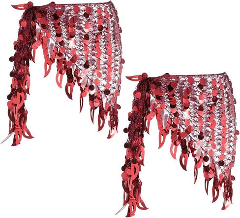 MECCANIXITY Women's Belly Dance Hip Scarf with Sequins Mesh Triangle Wrap Skirts Waist Chain for Music Festival Party Costume Performance(Gold Tone, Pack of 2) in Kuwait